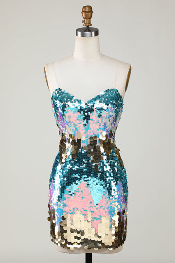 Vestido corto de lentejuelas azul brillante ajustado a casa